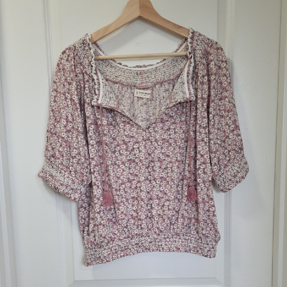 Lucky Brand Pink Floral Peasant Blouse